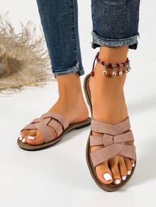 Ximi Ruo Sandal đế bằng nữ kiểu dáng La Mã đan lát, thích hợp cho mùa xuân, hè, đi biển, du lịch và phối cùng váy. - Hồng - Xem 4
