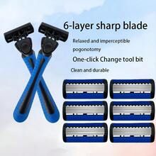 Shaving Razor Men's Manual Shaver, 6-Layers Blades Razor, Facial Hair Removal Tools, Safety Shaver - Blue - View 3