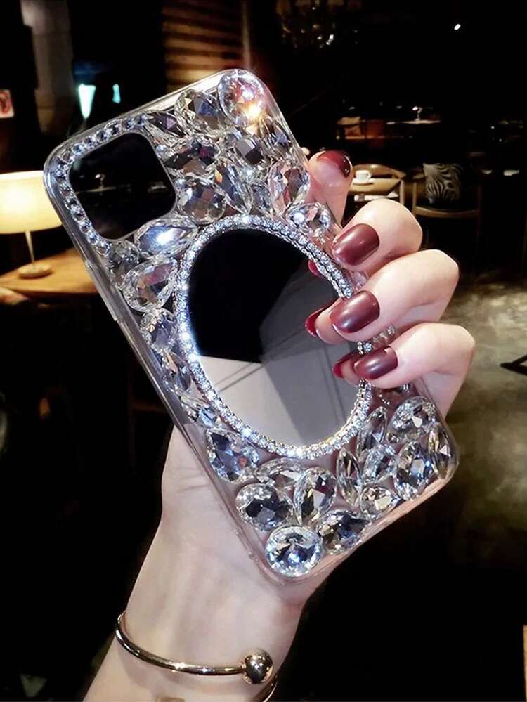 奢华闪亮水钻玻璃椭圆形化妆镜手机壳，适用于 17 Pro Max/16 Plus、S25 系列/NOTE20 系列，防摔手机壳 - 白色 - 查看 7