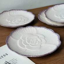 French Romantic Pink And Purple Floral Ceramic Plate, Three-Dimensional Relief, Salad Plate, Fruit Plate, Snack Plate, Dinner Plate, Suitable For Daily Use, Home, Restaurant, Afternoon Tea, Gift, Holiday Gift. - Multicolor - View 6