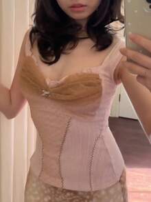 Womenacute;S Mesh Splicing Sling Tops - 淺棕 - 查看 4