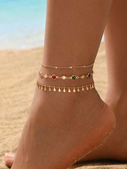 3pcs/Set Summer Casual Versatile Colorful Crystal Water Drop Tassel Layered Gold Tone Anklet Jewelry, Suitable For Holiday, Beach, Travel, Color Of Crystals Is Random
