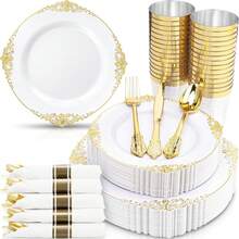 350PCS Golden Plastic Plates- Disposable Plates Include 50 Of Each 9" Dinner Plates, 7" Cute Dessert Plates, 9oz Cups & Spoons Forks Knives Napkins Cutlery For Weddings & Party & 2026 New Year, Birthday, Catering Events - Dinnerware Set Exquisite For 50 Guest Service - Elegant & Sturdy - White - View 1