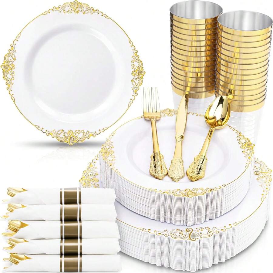 350PCS Golden Plastic Plates- Disposable Plates Include 50 Of Each 9" Dinner Plates, 7" Cute Dessert Plates, 9oz Cups & Spoons Forks Knives Napkins Cutlery For Weddings & Party & 2026 New Year, Birthday, Catering Events - Dinnerware Set Exquisite For 50 Guest Service - Elegant & Sturdy - White - View 1