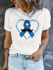 Camiseta de manga corta de moda para mujer - Cinta azul y patrón de bigote que simboliza el cuidado y el apoyo. Diseño impreso, lavable en máquina, cómodo casual con cuello redondo para un estilo fácil. Hecho de mezcla de poliéster de alta calidad, adecuado para el año - Blanco - Ver 2