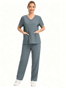 Women's Scrub Set With Pockets. Durable V-Neck Top Paired With Cargo Pants Fall - Grey - View 4