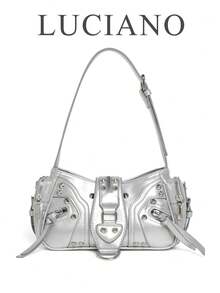 New Spring/Summer Motorcycle Bag Y2K Hot Girl Large Capacity Multi Functional Handbag Rivet Shoulder Bag Crossbody Bag Design Feel Armband Bag - Silver - View 8