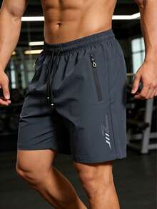 1pc Men's Casual Minimalist Style Shorts, With Letter Print Pockets And Drawstring, Elastic Waist Zipper Pockets Shorts Sports Summer - Grey - View 3