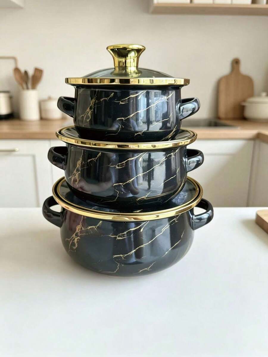 3件套珐琅涂层锅具，金边设计，12厘米-14厘米-16厘米双耳锅，家用珐琅碗，迷你锅，珐琅汤锅，拉面碗，小火锅，加厚珐琅涂层锅，迷你炖锅，双耳锅适用于电磁炉和燃气灶，适合烹饪少量食物，也可用于保鲜。 - 查看 1