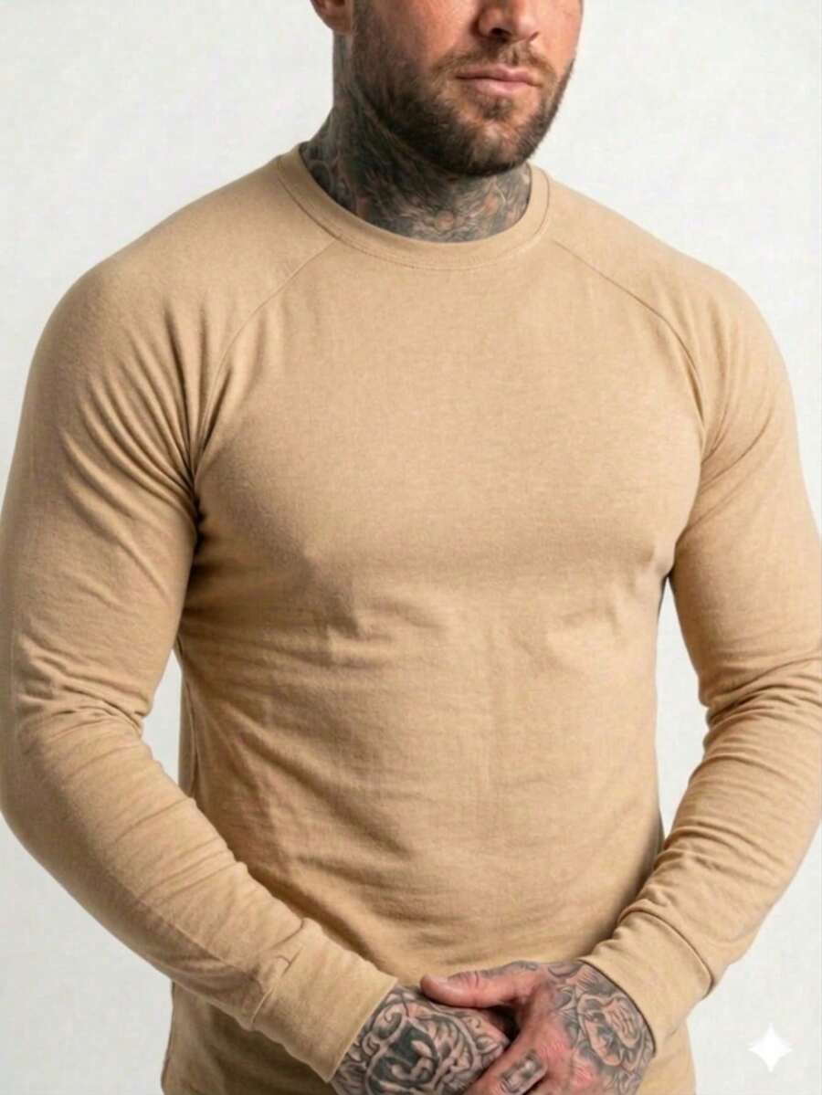 Raglan Long Sleeve Ribbed T-Shirt - Beige - View 1