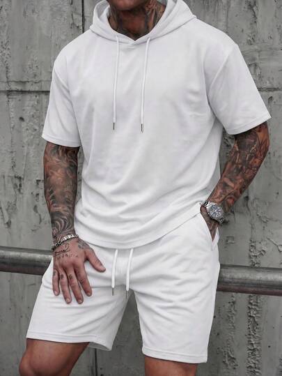  Conjunto de sudadera con capucha de unicolor y pantalones cortos con cordón de cintura para hombre, estilo casual de verano FRACTYR