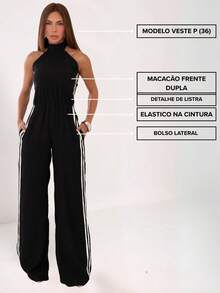 Women's Tailored Long Jumpsuit With Front Zipper, Elegant Wide-Leg Style - màu đen - Xem 7