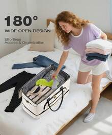 2Pc Travel Duffle Bag Wide Open Large Weekender Bag Women&Shoe Compartment, Carry On Overnight Bags &Toiletry Bag, Hospital Travel Essential Holiday - Off-white - View 4