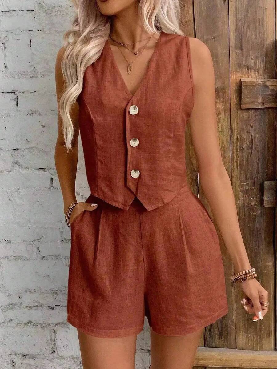 Conjuntos de dos piezas informales lisos para mujer, chaleco sin mangas con cuello en V, Tops y pantalones cortos, traje de verano de lino y algodón, 2026 - Rojo 1 - Ver 1
