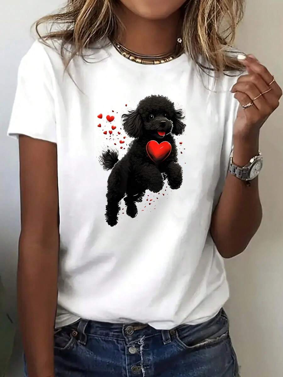 Women's Short Sleeve T-Shirt, Round Neck, Poodle And Heart Print, Romantic Design For Pet Lovers, Soft And Comfortable Fabric, Breathable, Ideal For Daily Wear, Casual Style, Dog And Love Theme, Statement Fashion Piece - 白色 - 查看 1