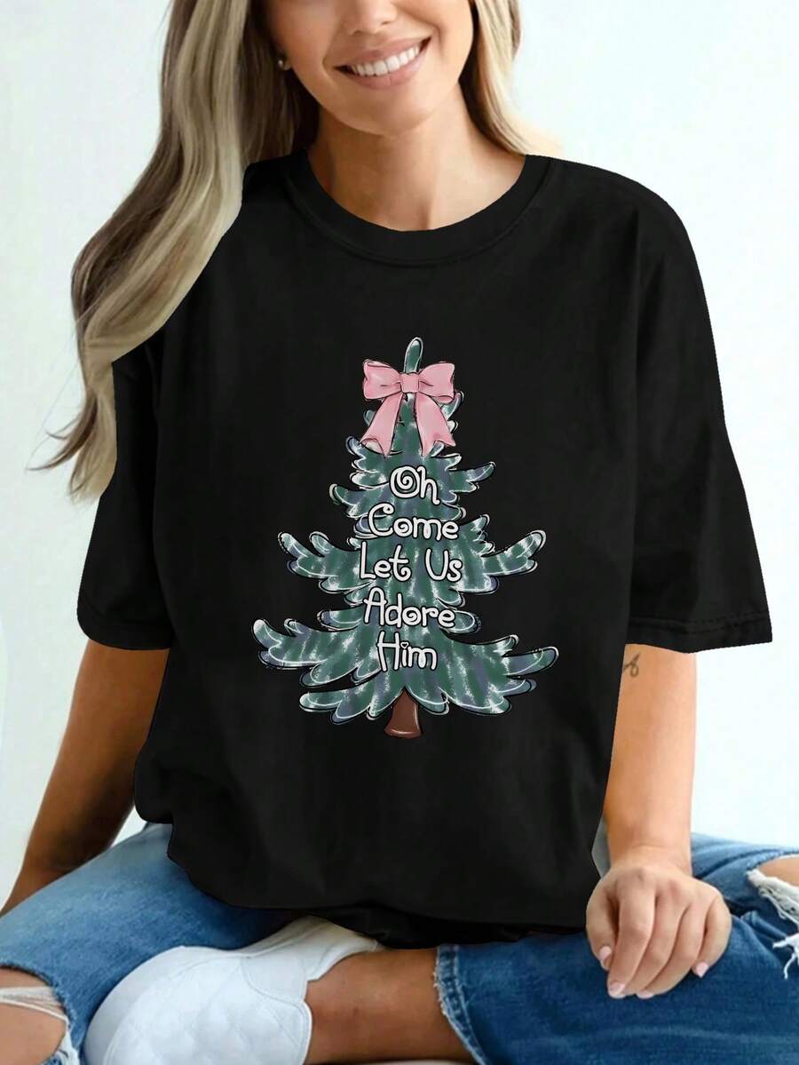 Women's Pure Christmas Tree T-Shirt With Pink Bow And "Oh Come Let Him" Print - Soft Short Sleeve Crew Neck Top For Holiday, Casual Wear, Christmas Outfits (Machine Washable) - 黑色 - 查看 1
