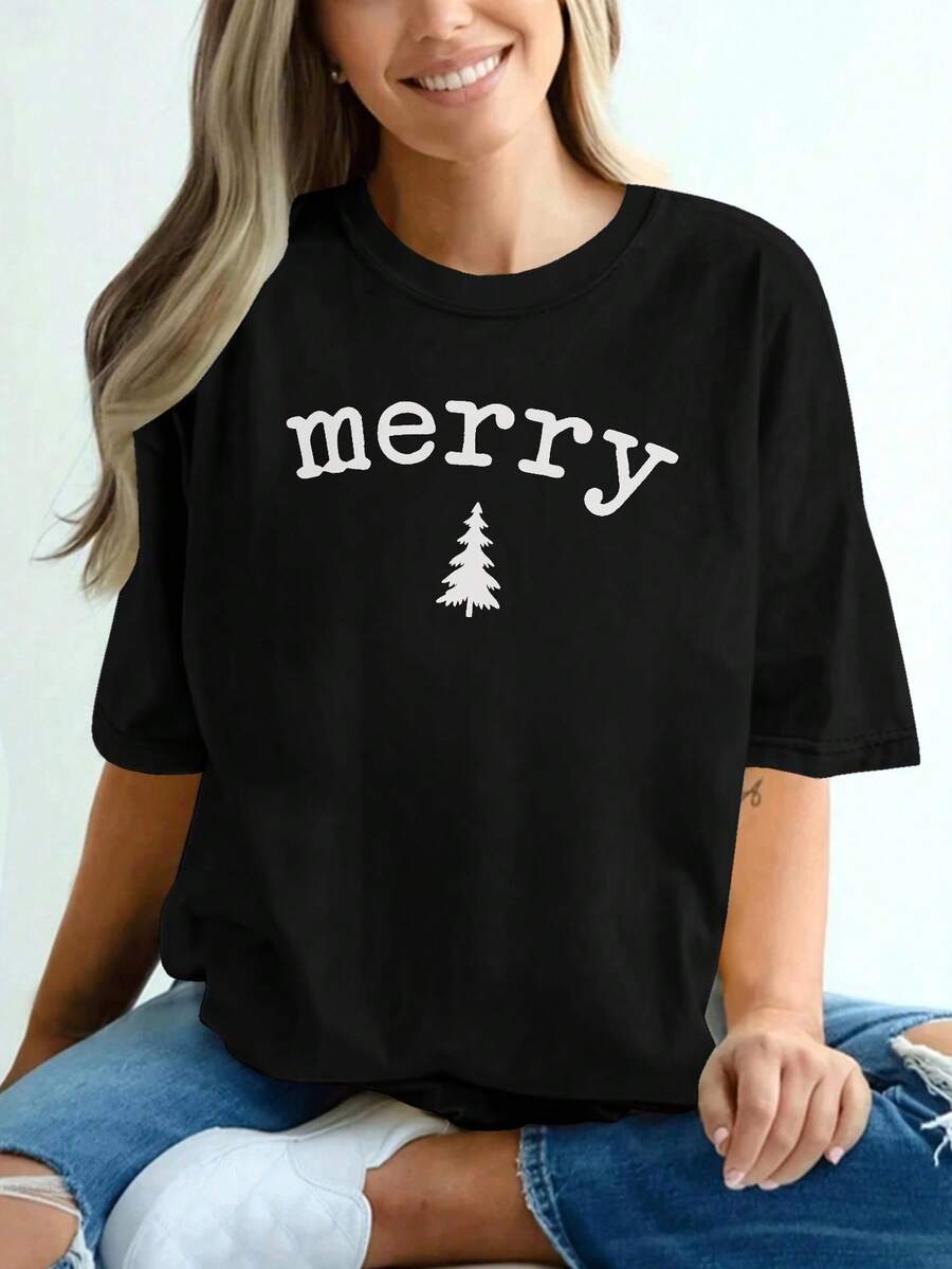 Women's Sheer Short Sleeve T-Shirt - Beige With Cheerful White Pine And Christmas Letter Print, Soft Round Neck Casual Top For Spring Summer, Christmas Party Dress, Casual Outfit, Loose Fit (Machine Washable) - Minimalist Holiday - 黑色 - 查看 1