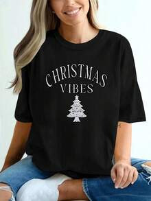Camiseta de árbol de Navidad puro de las mujeres - Top casual de cuello redondo de manga corta suave con estampado verde y dorado festivo, camiseta de capa base blanca para fiesta festiva, ropa diaria y trajes durante todo el año (lavable en máquina) - elegante blusa de toda la temporada - Negro - Ver 2
