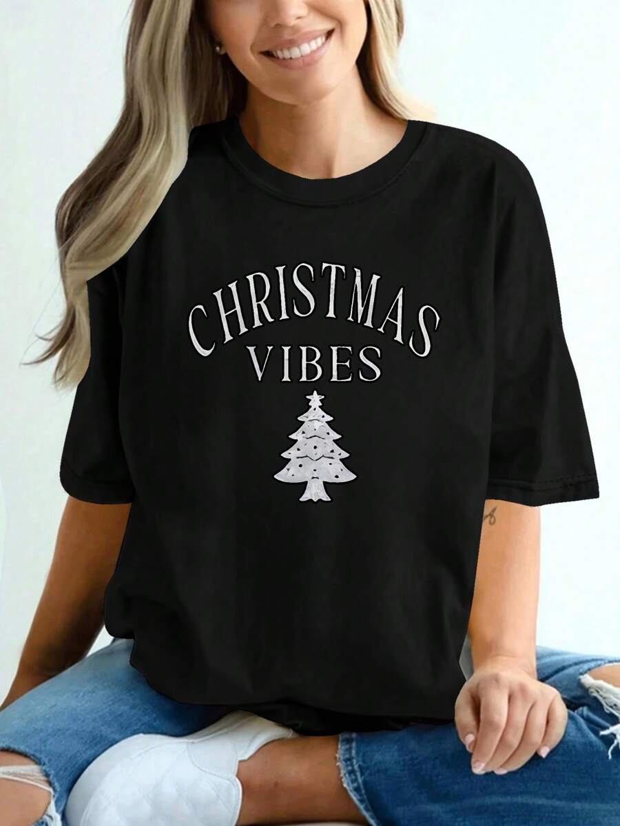 Camiseta de árbol de Navidad puro de las mujeres - Top casual de cuello redondo de manga corta suave con estampado verde y dorado festivo, camiseta de capa base blanca para fiesta festiva, ropa diaria y trajes durante todo el año (lavable en máquina) - elegante blusa de toda la temporada