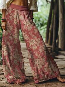(Free Shipping!!!) 2026 Women's New Arrival Rust Red & Beige Vintage Floral Print Bohemian Pastoral Style Wide-Leg Elastic Waist Casual Pants - 彩色 - 查看 3