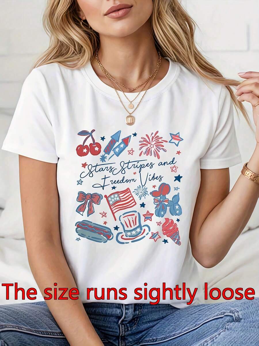 Women's Patriotic Independence Day T-Shirt | White Stars, Fireworks, Top Hat & Flag Graphic T-Shirt - Lightweight Crew Neck Tee For 4th Of July Parties, Parades, BBQs - Machine Washable Summer Celebrity - 白色 - 查看 1