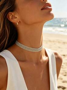 1 pieza Accesorio de diseño de nicho para mujer, collar con piedras blancas y de colores incrustadas con diamante de imitación, estilo europeo y americano de vacaciones - Blanco - Ver 2