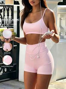 Bộ đồ thể thao nữ GAOVOT 2 mảnh mùa hè gợi cảm, áo yếm có đệm ngực và quần short cạp cao ôm hông, phù hợp tập thể dục, yoga, gym - Hồng - Xem 3