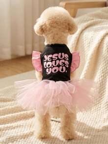 LUCKIE PAL 1pc Pink Letter Slogan Print Ruffle Sleeve Pet Mesh Dress, Cute Stylish Ballerina Tulle Dress, Adorable For Cats And Dogs - Multicolor - View 8