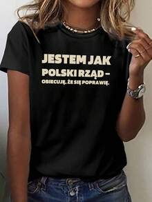Camiseta de cuello de tripulación de manga corta del gobierno polaco de las mujeres para la primavera y el verano - Negro - Ver 2