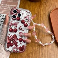 2pcs Set (Fashionable Lattice Bow Cherry Pattern Phone Case + Pink Rose Bow Bracelet), Compatible With IPhone 16 Pro Max/16 Plus/16 Pro/16/15 Pro Max/15 Plus/15 Pro/15/14 Pro Max/14 Plus/14 Pro/14/13 Pro Max/13 Pro/13/12 Pro Max/12 Pro/12, A60, Galaxy S25,S24,S23, Smart 10 Plus, Edge 50, A5 - Clear - View 4