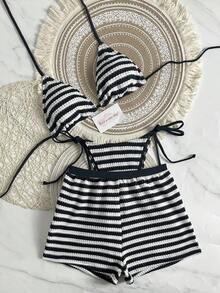 Conjunto de bikini y shorts de baño casuales para vacaciones en la playa de mujeres, 2026, 3 piezas, de tela texturizada con bloques de color y rayas, adecuado para primavera/verano, fiestas en la piscina, citas - Blanco y Negro - Ver 1