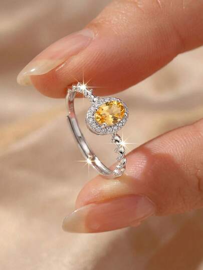 1pc S925 Sterling Silver Natural Citrine Oval Ring, Shiny Design, Luxury Classic Niche Elegant Elegant Fashion Exquisite High-End Adjustable Ring, Suitable For Women To Wear On Any Occasion, Thoughtful Valentine's Day Gift
