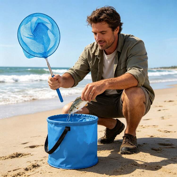 2pcs Outdoor Fishing Set, Includes 1 Portable Foldable Bucket And 1 Retractable Fish Landing Net, Random Color, Suitable For Beach, Fishing, Etc. - One Foldable Bucket + One Retractable Small Net (random Color) - View 3