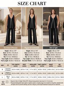 Conjunto Casual Solto de 2 Peças Preto e Branco com Contraste de Cores para Mulheres no Verão, Regata de Decote em V Profundo + Calça com Barra Curva Elegante - Preto - Visão 5