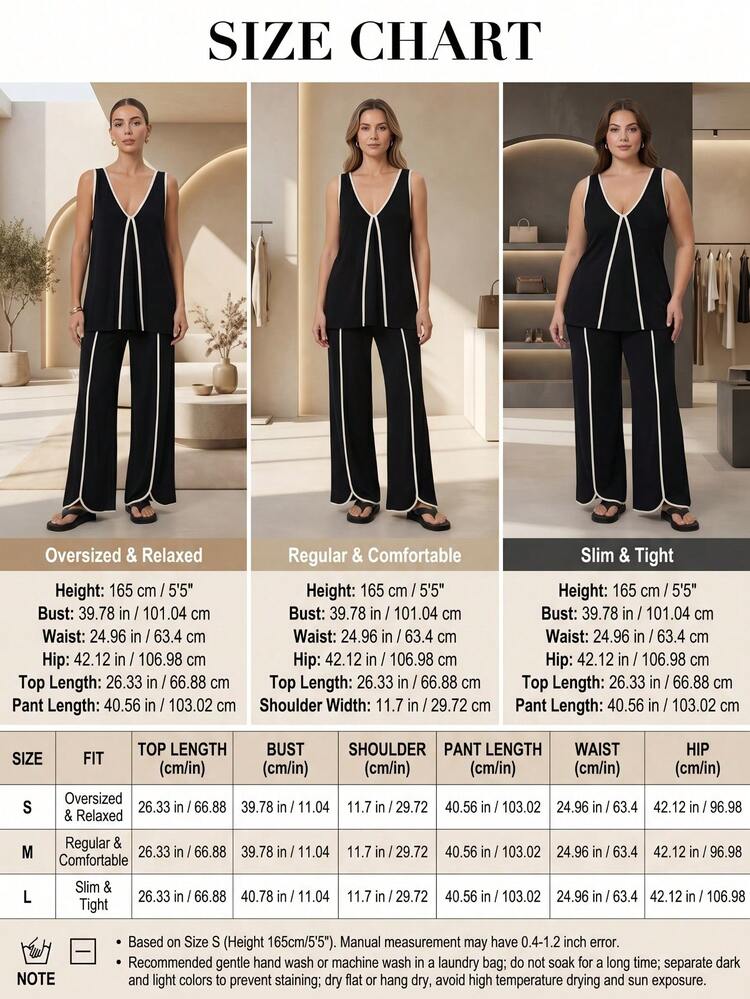 Women's Summer Black & White Contrast Color Casual Loose 2 Pieces Set, Deep V-Neck Camisole + Curved Hem Pants - Black - View 5