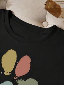 1 pieza009 [Nueva camiseta de manga corta con estampado de huella de perro, versátil, elegante, rejuvenecedora para mujer, verano] 180g 100% Algodón - Negro - Ver 2