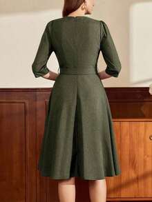 Vestido midi retro verde oliva, elegante y clásico con cintura definida y lazos - Verde militar - Ver 2