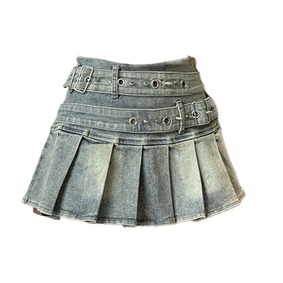Falda vaquera con cinturón remachado para mujer, color azul y negro, Y2K, Harajuku, moda de  al por menor, minifalda Sexy de corte a de los años 90, ropa de verano, novedad de 2025 - 1753 azul - Ver 1