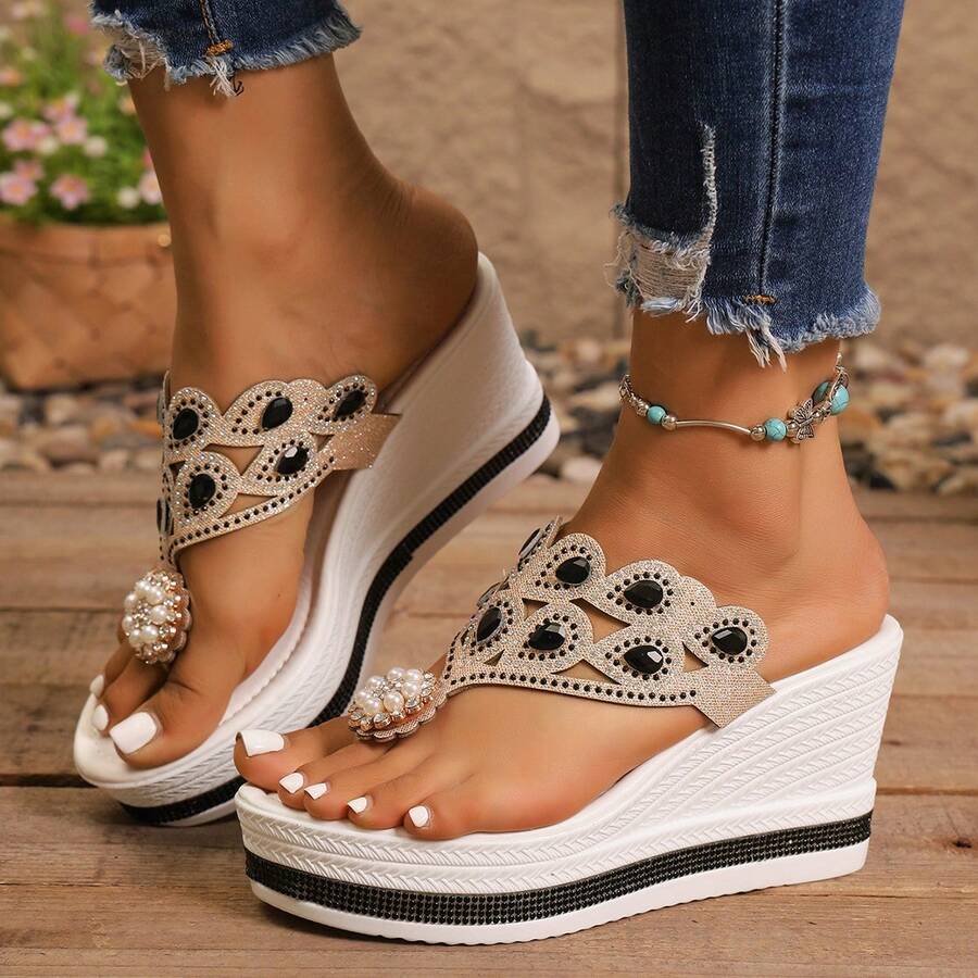 Women's Summer Bohemian Colorful Rhinestone Thong Platform Wedge Comfortable Lightweight Travel Sandals