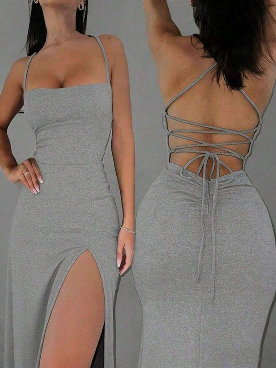 Vestido elegante de unicolor y sexy con espalda descubierta y abertura alta, para fiestas y eventos casuales de verano en color negro - Gris Claro - Ver 1