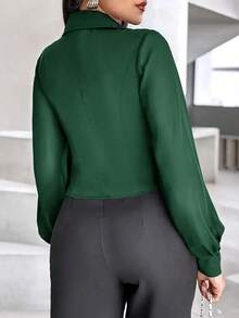 Women's Solid Color Asymmetric Hem Button Down Long Sleeve Shirt - Dark Green - View 2
