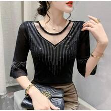Camiseta de Verano 2026 para Mujer, Nueva Moda Coreana, con Malla de Diamantes, Cuello en V, Manga Corta, con Parches de Encaje - 3 Azul - Ver 3