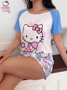 SANRIO 2件套KT猫咪插肩袖睡衣套装，女士夏季轻薄短袖短裤睡衣，可爱卡通印花宽松休闲家居服，柔软舒适，适合学生户外穿着。 - 粉色 - 查看 5