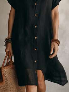 Vestido casual de mujer de longitud hasta la rodilla, de botones delanteros, de manga corta, de tela de punto, color negro - Albaricoque - Ver 9