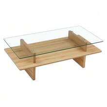 Two-Layer Tempered Glass & MDF Coffee Table, Natural Wood Finish. Modern Double-Layer Coffee Table With Sturdy Frame For Living Room Or Office. - Camel - View 7