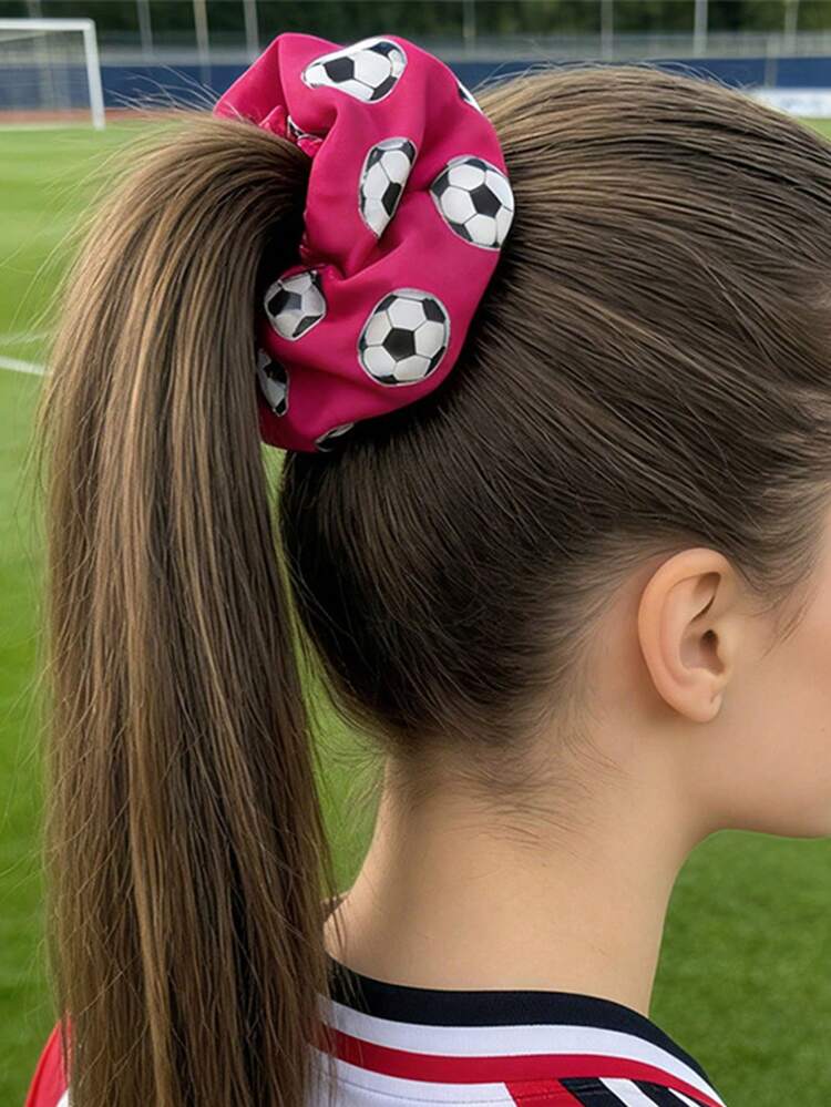 New Football Print Large Scrunchie, High Elasticity Hair Tie, Cute Football Design, Polyester Fiber, Suitable For All Seasons - Multicolor - View 2