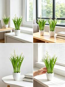 2 Buah Tanaman Pot Bunga Lily of the Valley Buatan, Tanaman Hias Miniatur Plastik Realistis, Cocok untuk Ruang Tamu, Meja Kantor, Ambang Jendela, Dekorasi Rumah, Bebas Perawatan - Hijau - View 6