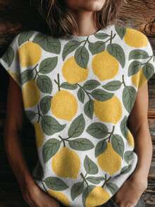 2026 New Arrival Women's Retro Colorblock Print Crew Neck Loose Knit Top;Summer Tops;Summer Outfits For Women;Summer Clothes - 檸檬綠 - 查看 2