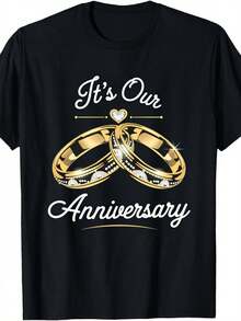 Matching Couple T-Shirts For Him And Her - Soft Breathable Anniversary Gift T-Shirts With His And Hers Letter Print, Short Sleeve H-Line Fit Collar Suitable For Husband And Wife Anniversary Gifts, Machine Washable Everyday Wear For Spring Summer - 黑色 - 查看 1