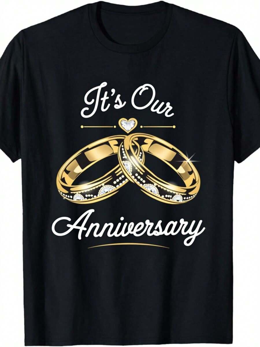 Matching Couple T-Shirts For Him And Her - Soft Breathable Anniversary Gift T-Shirts With His And Hers Letter Print, Short Sleeve H-Line Fit Collar Suitable For Husband And Wife Anniversary Gifts, Machine Washable Everyday Wear For Spring Summer - 黑色 - 查看 1